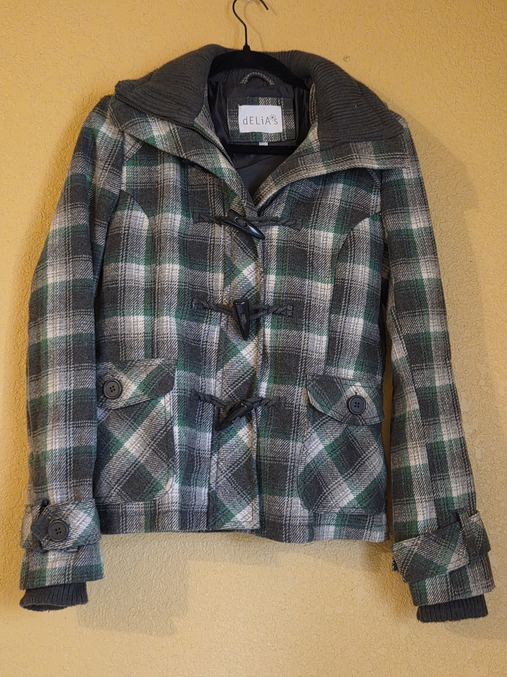 dELiA*s Green & Gray Plaid Toggle Pea Coat